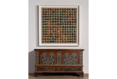 Laurene Krasny Brown A Democracy of Domes, 2020 40 x 40 x 1.5 in.  above an 18th century Pennsylvania dower chest in original paint