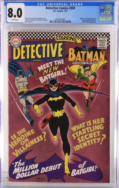 Copy of D.C.  Comics Detective Comics #359 (Jan.  1967), graded CGC 8.0 with the origin and first appearance of Batgirl, plus a Killer Moth appearance ($4,000).