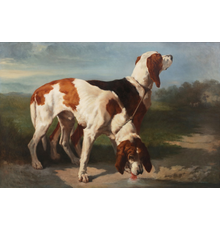 One of a set of four oil on canvas portraits of dogs, after Joseph Urbain Melin (French, 1814-1886), 37 inches by 54 ½ inches (totaling $57,500).