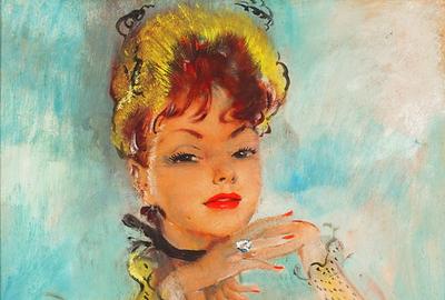 Femme à la Robe Jaune (Lady in a Yellow Dress) epitomizes Domergue's breathtaking "la belle Parisienne".  Signed "Jean Gabriel Domergue" (lower right).  Oil on board.  Mid-20th century.