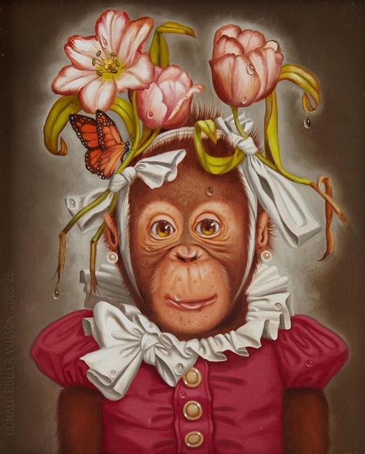 Oil on board painting by Donald Roller Wilson (Arkansas, b.  1938), titled Cookie (2005), a whimsical depiction of a chimpanzee dressed in a clown costume (est.  $10,000-$15,000).