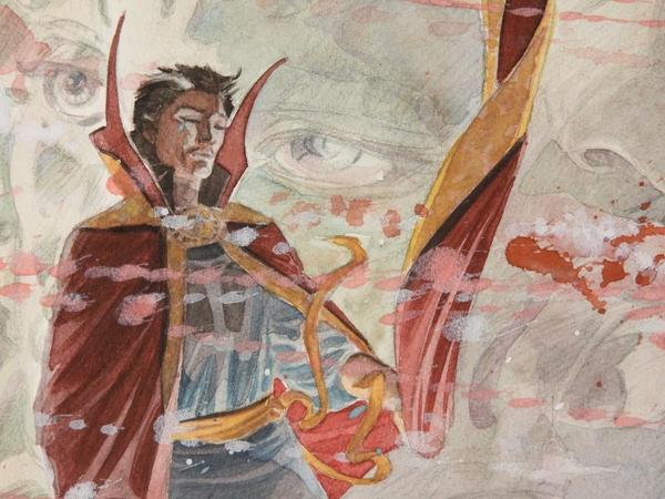 Dan Green original artwork for the graphic novel Doctor Strange: Into Shamballa, a beautiful single panel watercolor featuring Dr.  Strange in Shamballa, circa 1986 (est.  $1,000-$1,500).