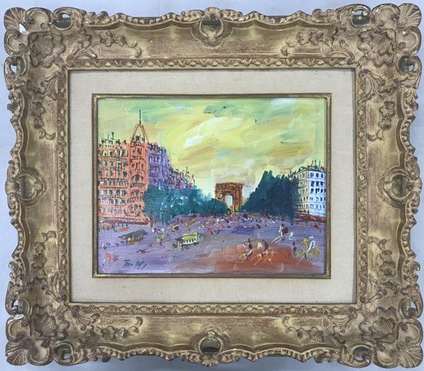 Oil on canvas painting by Jean Dufy (French, 1888-1964), circa 1950s, depicting a Parisian street scene featuring the Champs Elysees and the Arc de Triomphe (est.  $30,000-$50,000).