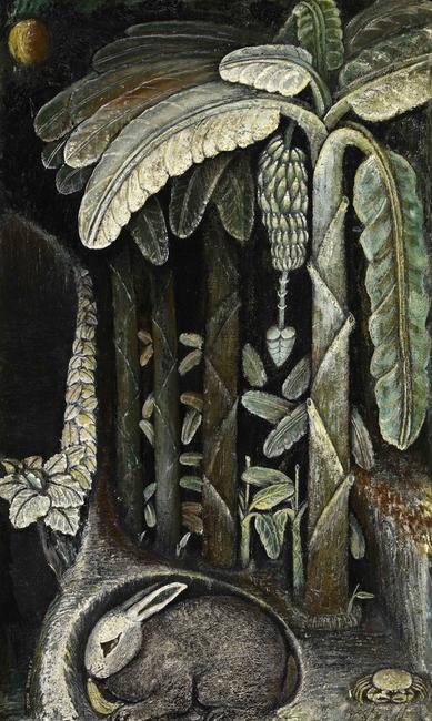 John Dunkley (Jamaica, 1891–1947) Banana Plantation c.  1945 Mixed media on plywood 29 1/8 x 17 5/8 in.  National Gallery of Jamaica, Kingston, gift of Cassie Dunkley Photo by Franz Marzouca