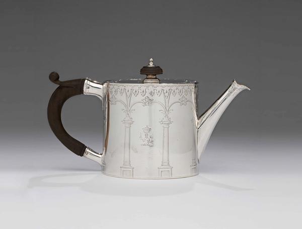 Teapot, 1771-1772, marked by Andrew Fogelberg, Swedish/English, sterling silver and wood, London, gift of Angus Sladen of Hampshire, England, a descendent of the fourth earl of Dunmore