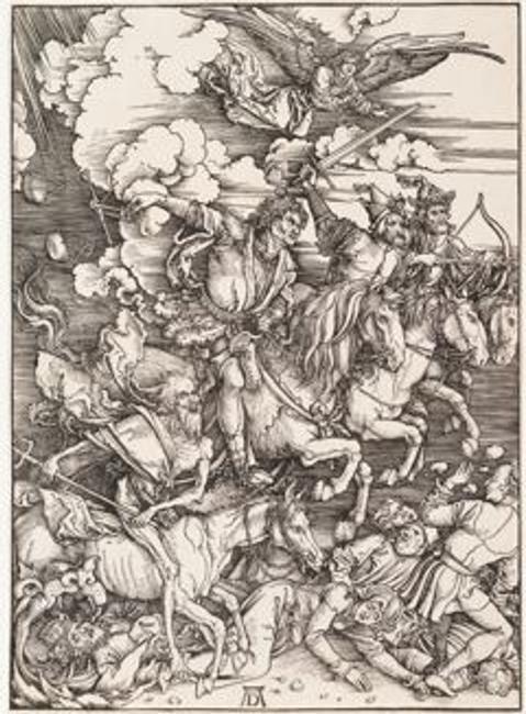 Albrecht Dürer (1471–1528), Germany, The Four Horsemen for The Apocalypse, circa 1497–98, woodcut (proof before text), Bequest of Herbert Greer French, 1943.212