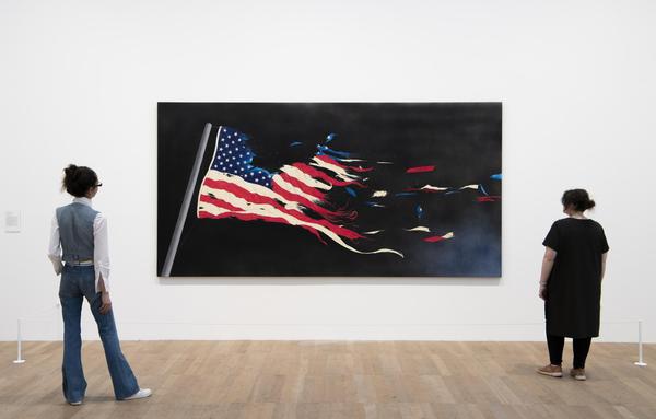 Installation view, ARTIST ROOMS: Ed Ruscha, at Tate Modern, featuring OUR FLAG, 2017 (courtesy of the artist and Gagosian Gallery)