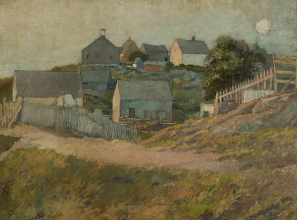 George Wharton Edwards (American, 1859-1950) Farmhouses on Monhegan Island, n.d.  Oil on canvas mounted on board.  18 1/2 x 25 in.  Anonymous Gift, Bruce Museum Collection 80.23.01 