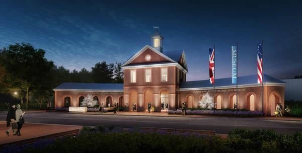 An artist rendering of the Art Museums of Colonial Williamsburg's expansion, showing the institutions' new facade on South Francis Street.