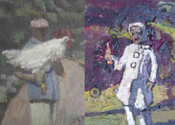 E.M.  Saniga, Self Portrait with a Leghorn, 2009; Kurt Knobelsdorf, Seafood Factory, 2010-2012