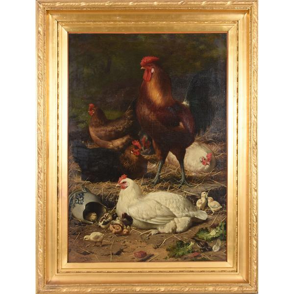 Oil on canvas painting by Eugene Remy Maes (Belgian.  1849-1931), titled Chickens (early 1900s) and depicting a rooster, five hens, chicks, a sparrow and a salt glaze jug, 47 inches by 53 inches (framed).