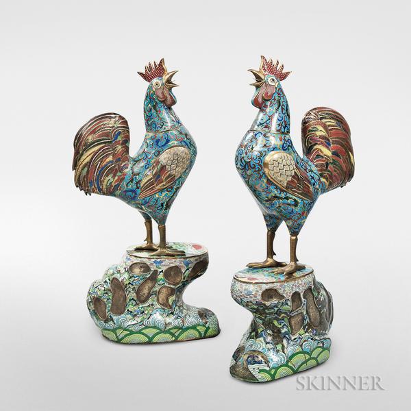 Pair of Large Bronze and Cloisonné Roosters, China (Lot 333, Estimate $20,000-30,000)