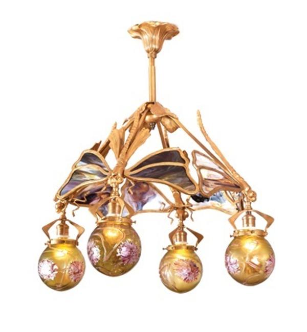 Lot 74, An Art Nouveau Slag Glass and Gilt Bronze Chandelier, sold for $27,500.  Pre-sale estimate: $4,000/6,000