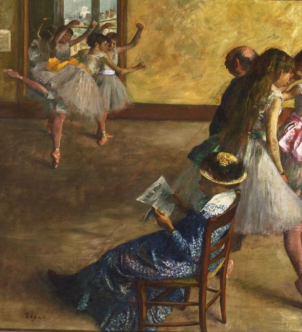 The Ballet Class, c.  1880.  Hilaire Germain Edgar Degas, French, 1834 1917.  Oil on canvas, 32 3/8 x 30 1/4 inches (82.2 x 76.8 cm) Framed: 41 9/16 x 39 5/8 x 2 5/8 inches (105.6 x 100.6 x 6.7 cm).  Philadelphia Museum of Art, Purchased with the W.  P.  Wilstach Fund, 1937.  