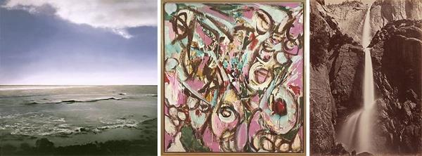 Left: Gerhard Richter, Seestück (Seascape), 1998; oil on linen; 114 1/4 x 114 1/4 in.  (290.2 x 290.2 cm); The Doris and Donald Fisher Collection at the San Francisco Museum of Modern Art and the San Francisco Museum of Modern Art; © Gerhard Richter; photo: Ben Blackwell; Middle: Lee Krasner, Four, 1957; oil on cotton duck; 58 1/2 x 53 3/4 in.  (148.59 x 136.53 cm); fractional and promised gift of Barbara and Gerson Bakar; © Pollock-Krasner Foundation / Artists Rights Society (ARS), New York