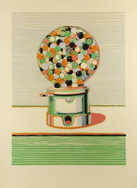 From Wayne Thiebaud (American, b.  1920), will be “Gumball Machine,” a linoleum cut print from 1970 which is estimated at $10,000-$15,000.