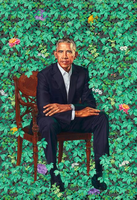  Barack Obama by Kehinde Wiley, oil on canvas, 2018.  National Portrait Gallery, Smithsonian Institution.  The National Portrait Gallery is grateful to the following lead donors for their support of the Obama portraits: Kate Capshaw and Steven Spielberg; Judith Kern and Kent Whealy; Tommie L.  Pegues and Donald A.  Capoccia.  