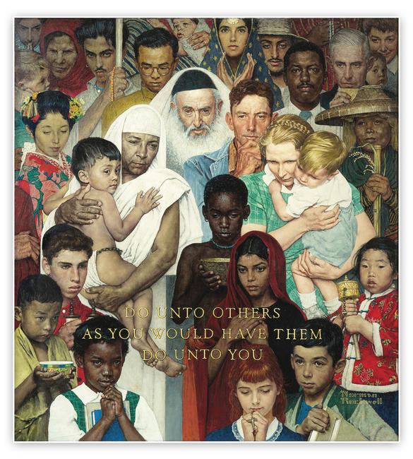 Norman Rockwell (1894-1978), Golden Rule, 1961.  Oil on canvas, 44 ½" x 39 ½".  Cover illustration for The Saturday Evening Post, April 1, 1961.  Collection of Norman Rockwell Museum.  