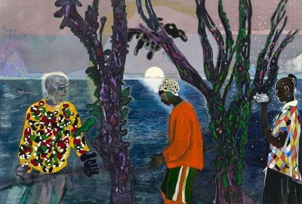 Peter Doig (British, born 1959), Two Trees, 2017.  Oil on linen,94 1/2 in.  × 11 ft.  7 3/4 in.  (240 × 355 cm).  The Metropolitan Museum of Art, Gift of George Economou, in celebration of the Museum's 150th Anniversary, 2018 © Peter Doig / 2019 Artists Rights Society (ARS), New York 