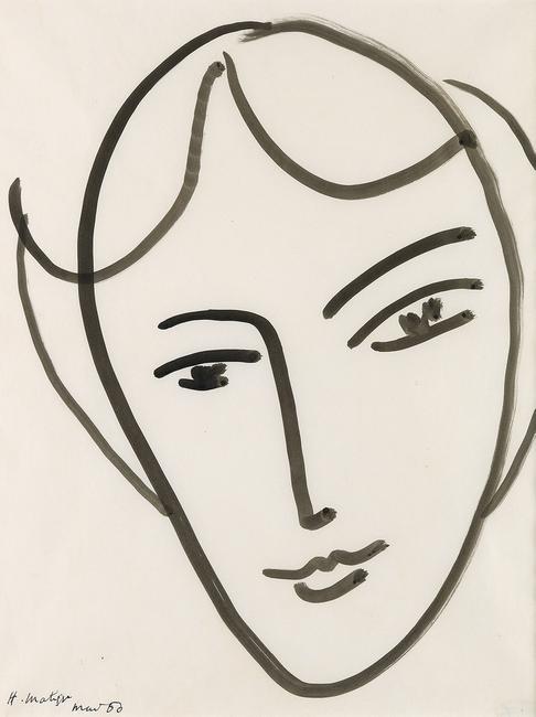 Henri Matisse’s Tête de jeune fille, brush and black ink on paper from 1950 is the sale’s top lot, with a presale estimate of $300,000 to $500,000.  