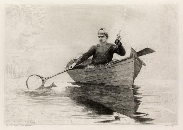 Winslow Homer, Fly Fishing, Saranac Lake, etching, 1889.  Estimate $80,000 to $120,000.