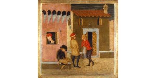 Giovanni of Ser Giovanni, called Lo Scheggia, fragment with imprisoned woman (possibly from the Story of Lisabetta da Messina in the Decameron by Boccaccio), ca.  1440–50.  Tempera on wood panel, 18 1/8 x 11 x 1 9/16 inches.  Museo Stibbert, Firenze, 306