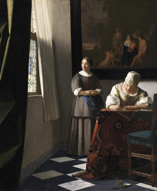 Johannes Vermeer, A Lady Writing a Letter, with her Maid , ca.  1670, Oil on canvas, 72.2 x 59.7 cm.  Dublin, National Gallery of Ireland, Sir Alfred et Lady Beit, 1987 (Beit Collection) © Dublin, National Gallery of Ireland