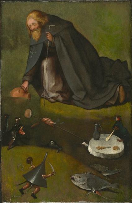 Hieronymus Bosch, Netherlandish (ca.  1450–1516).  The Temptation of St.  Anthony, ca.  1500-1510.  Oil on panel (oak), 15 3/16 x 9 7/8 inches (38.6 x 25.1 cm).  The Nelson-Atkins Museum of Art, Kansas City, Missouri.  Purchase: William Rockhill Nelson Trust, 35-22