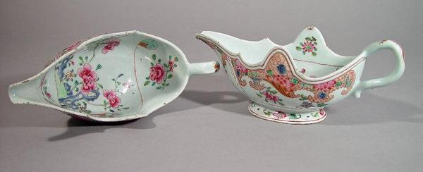 A pair of Chinese export Famille Rose sauce boats, circa 1765.