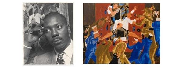 Left: Jacob Lawrence, 1957 / Alfredo Valente, photographer.  Alfredo Valente papers, 1941-1978.  Archives of American Art, Smithsonian Institution.  Right: Jacob Lawrence, Naples - 1944, painted in 1947, egg tempera on hardboard, 16 x 20 inches, signed and dated lower right.  Artwork © 2017 The Jacob and Gwendolyn Knight Lawrence Foundation, Seattle / Artists Rights Society (ARS), New York.  