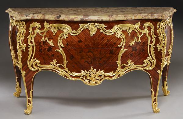 1.  Lot 170: Paul Sormani Louis XV style commode, the shaped and molded breche d'alep marble top over a bombe shaped two drawer cabinet, inlaid with elaborate floral marquetry and mounted with exceptional quality dore bronze.  The lock plate of top drawer stamped, "Paul Sormani 10r Charlot, Paris" and "P.  Sormani Paris" stamped into the top of the front legs under the marble.  Paul Sormani (Italian/French, 1817-1877).  