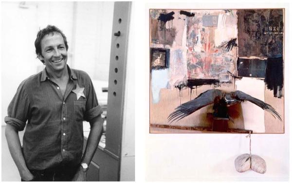 Images (L-R): Rauschenberg at Gemini G.E.L., Los Angeles, CA, 1969, Credit: Sidney B.  Felsen ©1969; Robert Rauschenberg, Canyon, 1959 © Robert Rauschenberg Foundation