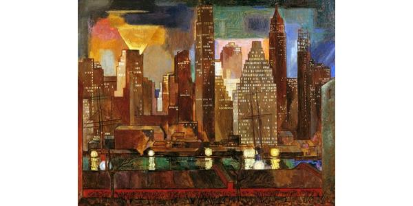 Stefan Hirsch (1899-1964) Manhattan Nocturne, 1947, Oil on masonite, 40 x 50 inches 