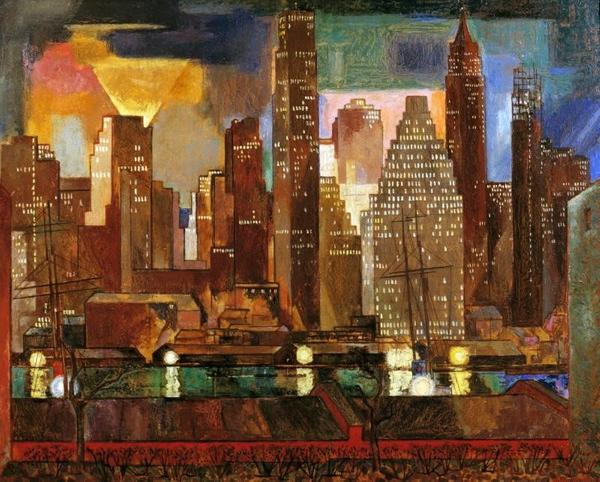 Stefan Hirsch (1899-1964) Manhattan Nocturne, 1947, Oil on masonite, 40 x 50 inches 