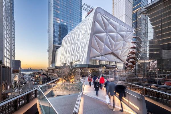 The Shed under construction, as seen from the High Line, February 2019.  Photo: Brett Beyer.  Project Design Credit: Diller Scofidio + Renfro, Lead Architect, and Rockwell Group, Collaborating Architect.