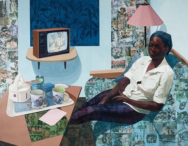 Njideka Akunyili Crosby, Nigerian born 1983 Super Blue Omo, 2016 acrylic, transfers, colored pencils and collage on paper 84 × 108 in (213.4 × 274.3 cm) Purchase, through the generosity of Jim and Irene Karp, 2016.178 ©Njideka Akunyili Crosby, Courtesy Victoria Miro Gallery