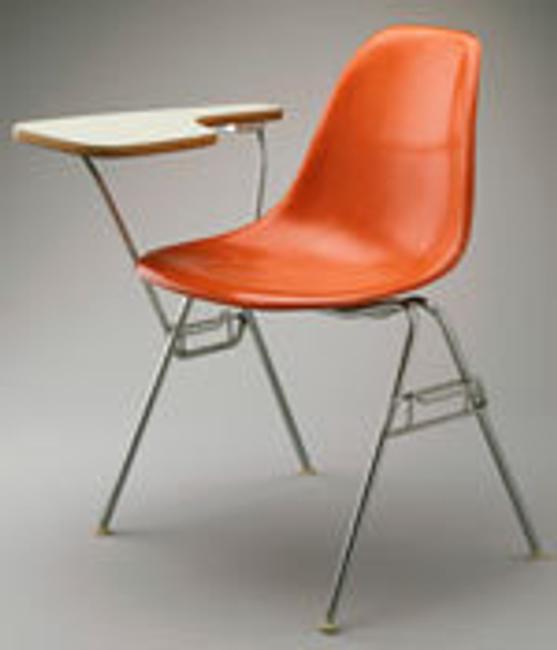 Charles Eames (U.S.A., 1907–1978) and Ray Eames (U.S.A, 1912–1988), Molded Fiberglass chair with table arm, for Herman Miller, Inc., 1960–61.  Fiberglass, fabric, metal, and plastic.  LA County Museum of Art, Los Angeles, Gift of the employees of Herman Miller, Inc., L.31.2.2015