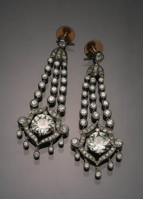 Pair of Belle Époque Tested Platinum and Diamond Pierced Pendant Earrings (Estimate: $20,000-$30,000)