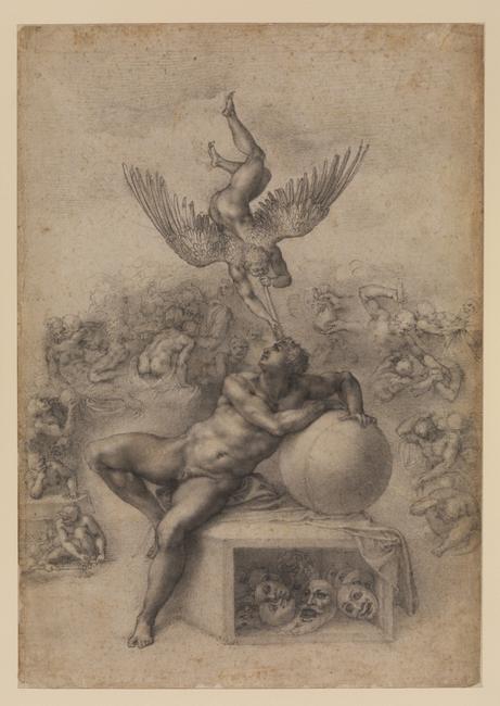 Michelangelo Buonarroti (1475-1564) The Dream of Human Life, c.  1533.  Black chalk, 39.4 x 27.7 cm.  The Courtauld Gallery, London