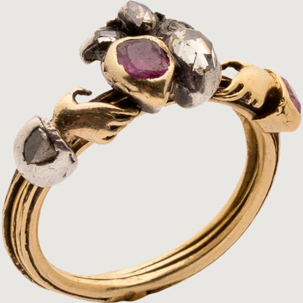 Gimmel and Fede Ring.  Western Europe, mid-18th century.  Gold, silver, diamond, ruby