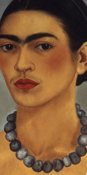 Frida Kahlo, Self-portrait with necklace, 1933.  Oil on metal, 13 4/5 × 11 2/5 in.  The Jacques and Natasha Gelman Collection of Mexican Art © 2016 Banco de Mexico Diego Rivera Frida Kahlo Museums Trust, Mexico DF / Artists Rights Society (ARS), New York