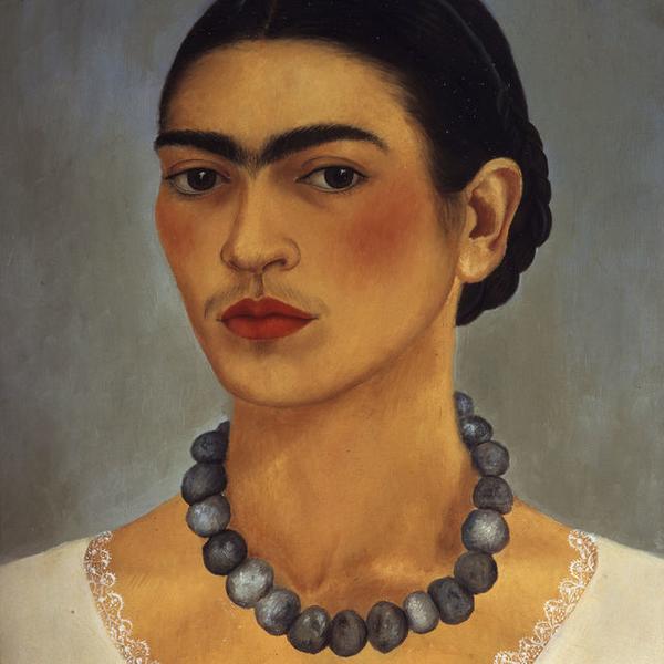 Frida Kahlo, Self-portrait with necklace, 1933.  Oil on metal, 13 4/5 × 11 2/5 in.  The Jacques and Natasha Gelman Collection of Mexican Art © 2016 Banco de Mexico Diego Rivera Frida Kahlo Museums Trust, Mexico DF / Artists Rights Society (ARS), New York