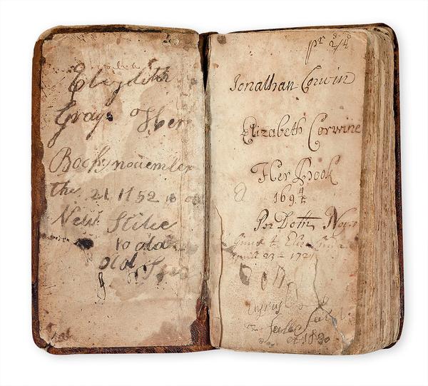 Lot 84, Insription.  Previously unknown seventh edition of the Bay Psalm Book, published in Boston, 1693, with provenance tied to Salem witch trial judge Jonathan Corwin, as well as descendants of John Proctor.  $221k