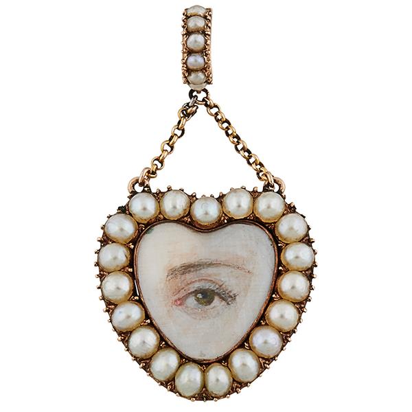 Lover's Eye 19th century heart pendant, gold, seed pearls, glass, miniature painting of a hazel eye, braided human hair, 15/16"w x 1 3/4"h overall.  Estimated Value: $800 - $1,200.  Sold for $2,600