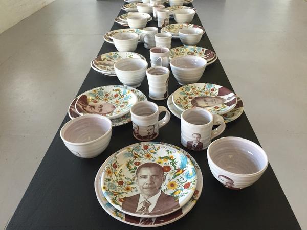 Justin Rothshank, Barack Obama Tableware Set, 2016 earthenware, glaze, ceramic decals 9" H x 20" W x 6" D