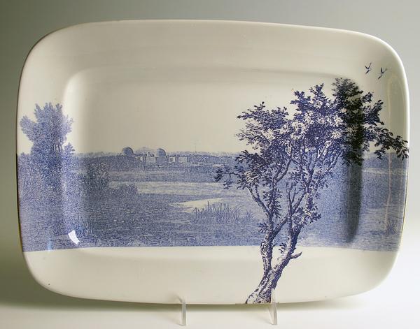 Paul Scott's Cumbrian Blue(s), American Scenery, Hudson River, Indian Point, Inglaze decal collage, gold luster on J&G Meakin Ironstone platter c.  1850