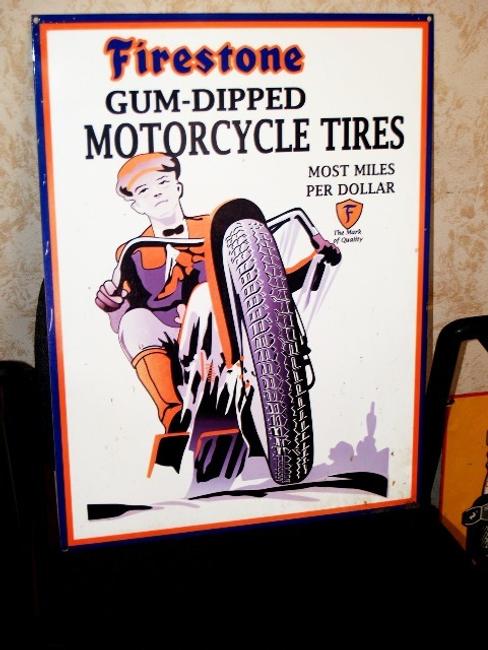 Firestone porcelain motorcycle tires sign with excellent color and graphics.  