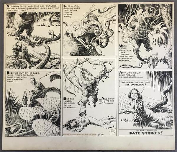 This original Sunday page artwork for the Flash Gordon comic strip dated Jan.  24, 1937, by Alex Raymond, sold for $60,375 at auction.