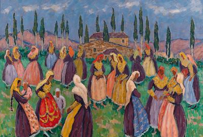 Folk Dancers by Jacques Martin-Ferrières.  The artist's inimitable technique, rich with swift and short brushstrokes of opaque color, reveals the strong influence of his father, Henri Martin, and the legendary Post-Impressionist generation before him.