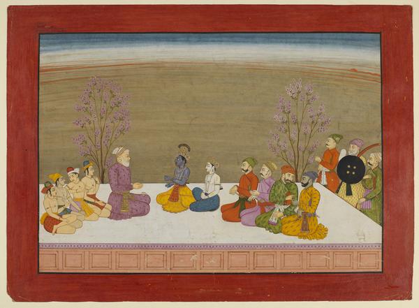 Krishna and Balarama conversing with Nanda on a Terrace, circa 1765.  